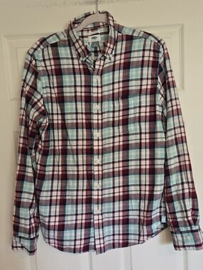 Old Navy Men's Plaid Button-Down Shirt - Light Blue & Burgundy Medium Slim Fit
